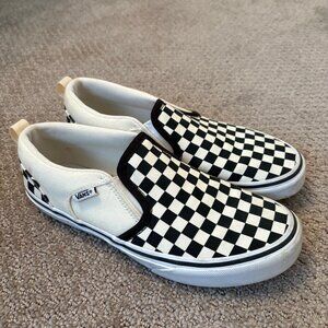 Black and White Vans Slip Ons - Size 5.5Y (Women's Size 7)